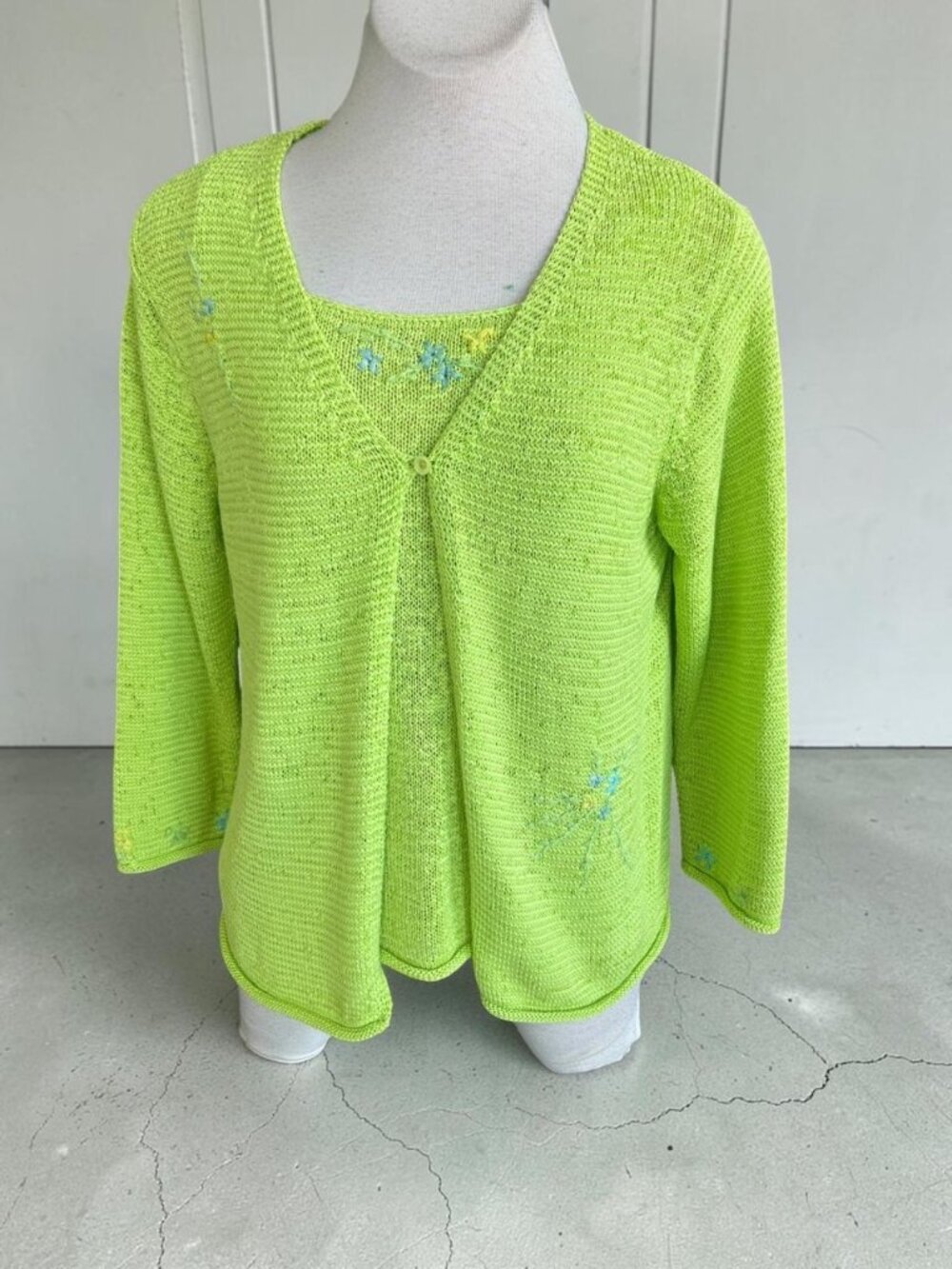 Sigrid Olsen Lime Green Embroidered Floral Twin Set Shell and Cardigan Sweater